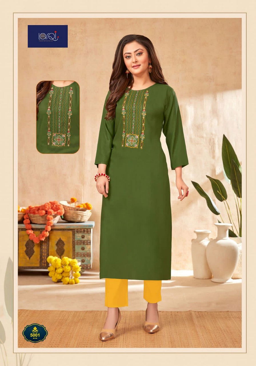 Larqi Nirja Advance 5 Fancy Ethnic Wear Rayon Cotton Embroidery Kurti Collection